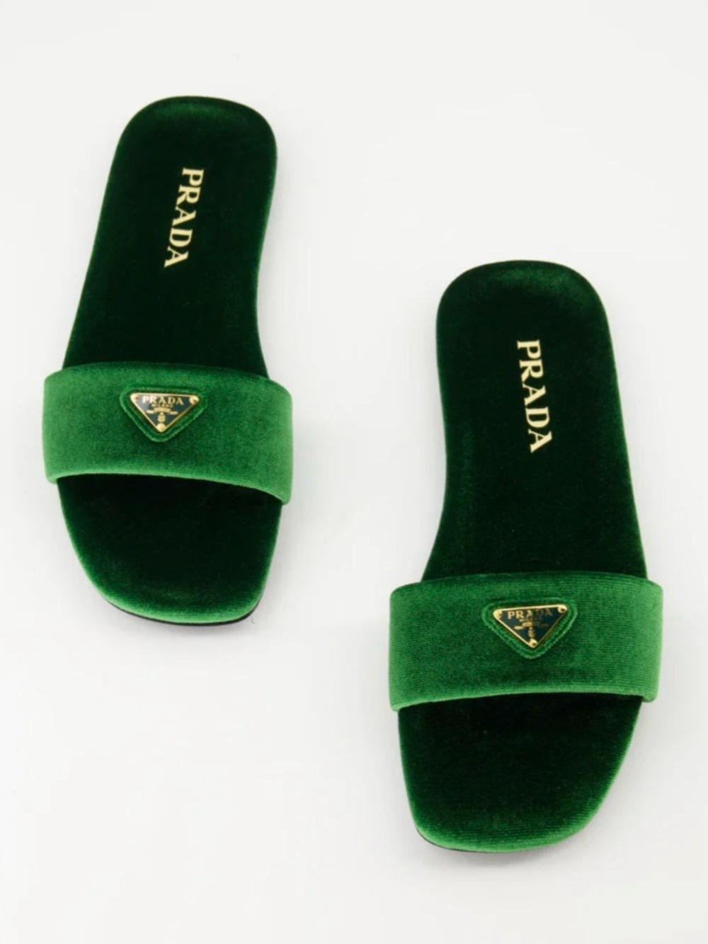 Prada Emerald Green Velvet Slide Mules with Gold Logo